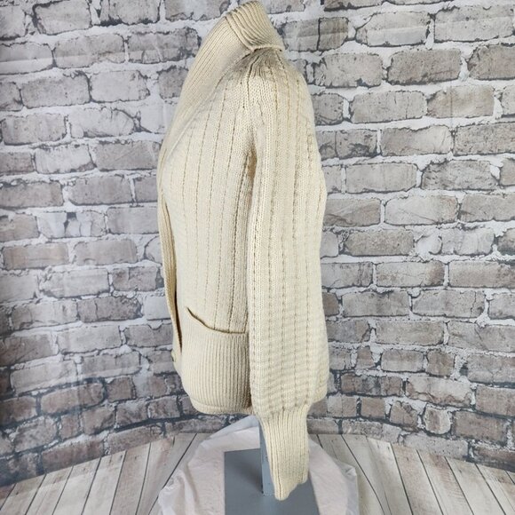 Vintage Virgin Wool Shawl Collar Cardigan Button Front Patch Pockets Cream Med - Picture 13 of 16